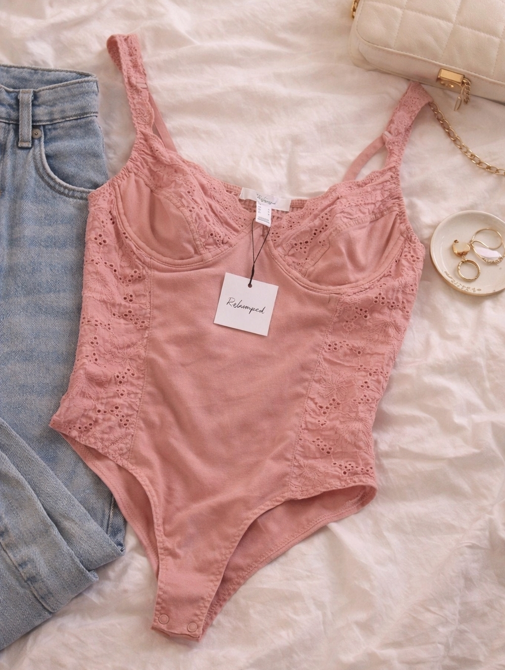 Revamped Pink Eyelet Lace Bodysuit BNWT Small Feminine Corset Top